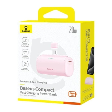 Baseus Compact Powerbank 5000mAh 20W USB-C Mini Fast Charging Pink
