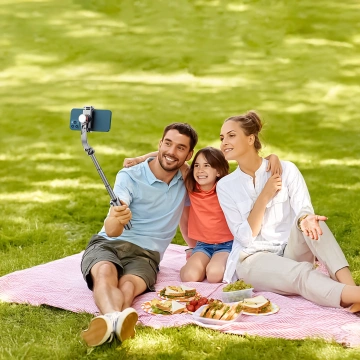 Stabilní stativ s gimbalem a dálkovým ovládáním Bluetooth, selfie tyčí, LED lampou, otočným osvětlením o 360°, 70 cm, Techsuit L19s, černý