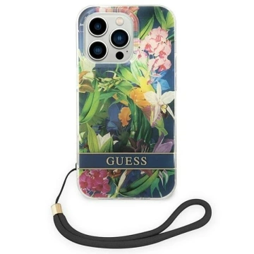 Etui Guess GUOHCP14LHFLSB do Apple iPhone 14 Pro 6,1" niebieski/modré pevné puzdro Flower Strap