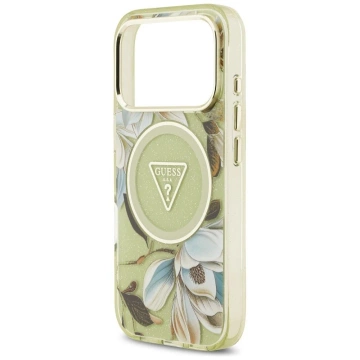 Etui Guess MagSafe do iPhone 17 Pro IML Glitter Flowers Triangle Green