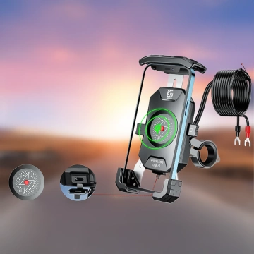 KEWIG M11B držiak na motorku pre telefón s QC 3.0 15W Qi nabíjačkou čierny