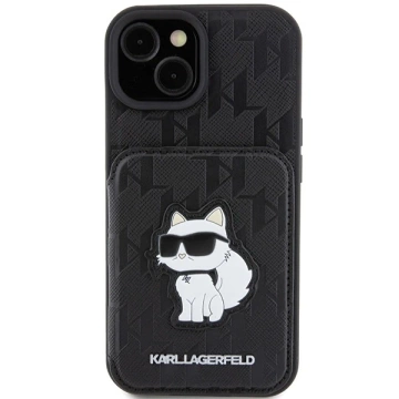 Etui Karl Lagerfeld KLHCP15SSAKCNSCK na iPhone 15 6,1" čierne/čierne pevné puzdro Saffiano sloty na karty a stojan Monogram Choupette