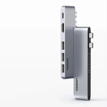 Multifunktionaler HUB UGREEN 2x USB Type C auf USB Type C PD (Thunderbolt 3, 100W, 4K@60 Hz, 10 Gbps) / HDMI 4K@30 Hz / 3x USB 3.0 für MacBook Pro / Air Grey (60559)