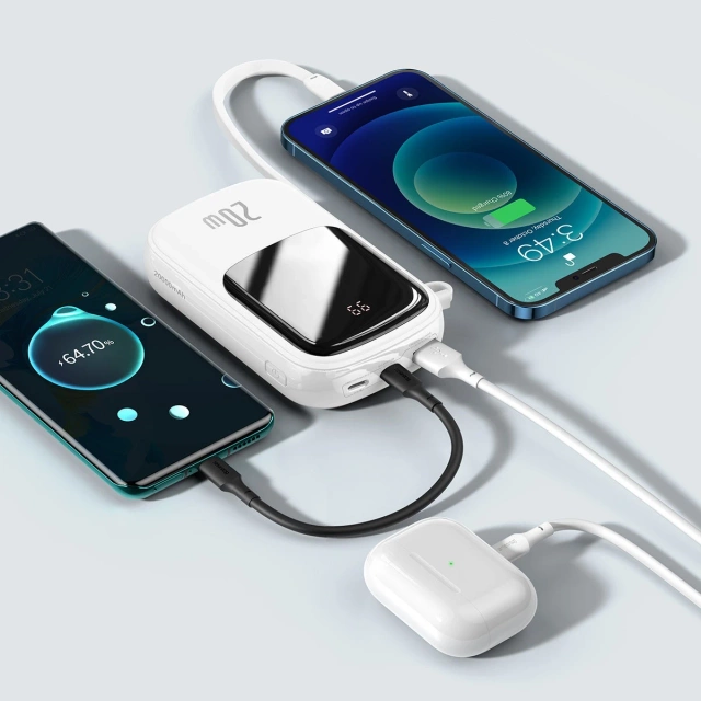 Powerbanka s rychlým nabíjením Baseus Qpow Digital Display 20000mAh 20W QC/PD/SCP/FCP s vestavěným Lightning kabelem bílá