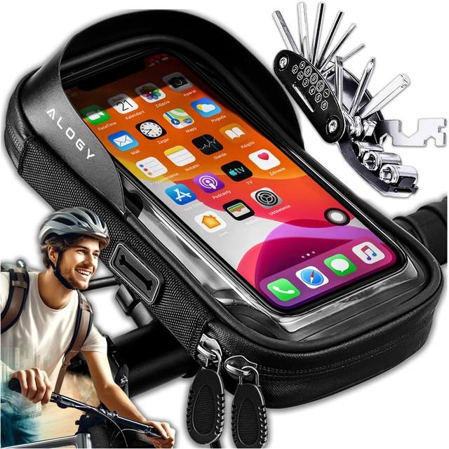Чохол Сумка для велосипеда Сумка для телефону 6,4 дюйма Тримач для керма Велосипед 0,5 л Чорний Інструменти Мультитул Ключі 16 в 1 Alogy