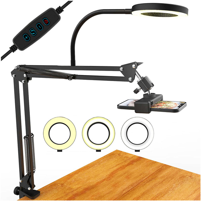 Ring LED Alogy drafting lamp with flexible arm and desk stand phone holder Black