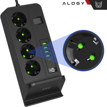Alogy Plug Extender Socket Splitter Adapter Extension Cord with Qi Inductive Charger 4x EU Plug 4x USB 2x USB-C Black