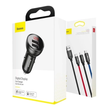 Baseus Car Charger 2x USB 4.8A 24W with LCD 3in1 Cable USB - USB Type C / micro USB / Lightning 1.2m black (TZCCBX-0G)