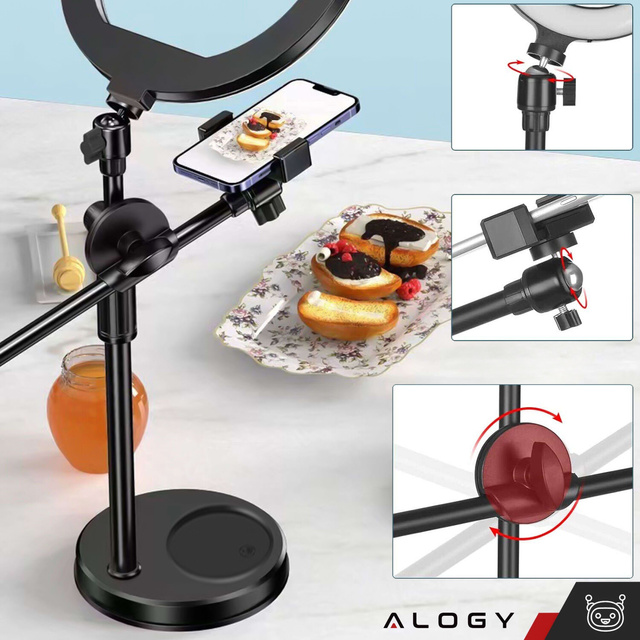 Ring LED ring lamp 10" 2x phone holder standing tripod on desk with adjustable frame Alogy Black
