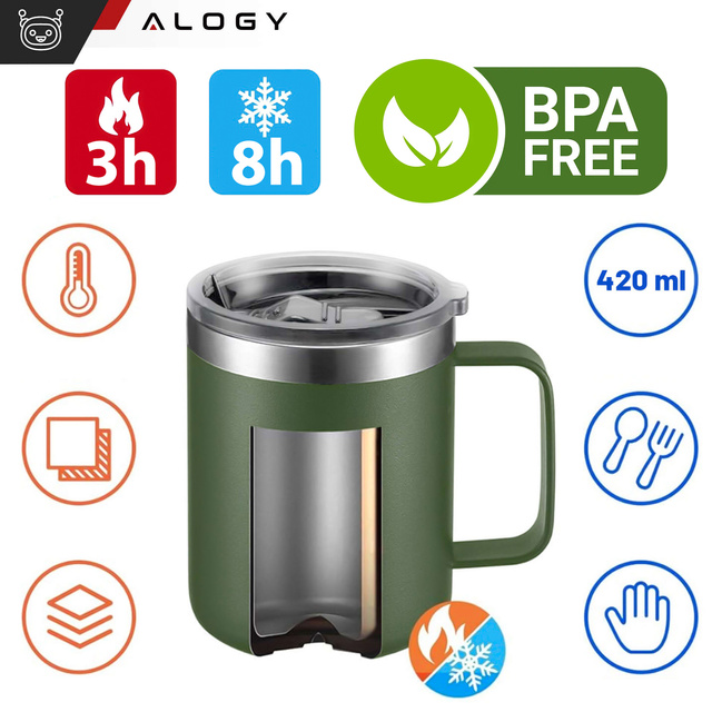 Thermal mugs set of 2 mugs Thermal mug 420 ml with handle and lid for coffee and tea, steel Alogy Green