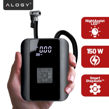 Electric Bicycle Pump for Bicycle Cordless Car Air Compressor Portable with Flashlight 150 PSI Alogy Black