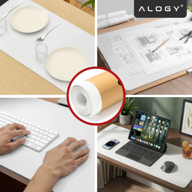 Podkładka na biurko 90×45 cm – antypoślizgowa mata ochronna z eleganckiej ekoskóry PU, pod mysz i klawiaturę, stylowa i trwała – Alogy WorkMat™ Biała