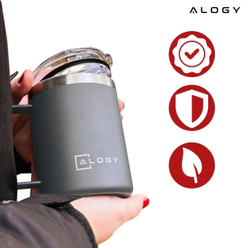Termohrnček 420 ml s uškom a vrchnákom na kávu, čaj, oceľ, studené a teplé nápoje Alogy Grey