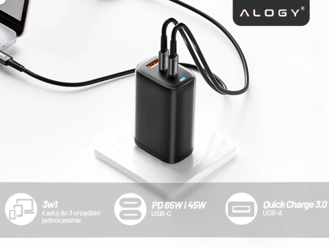 Alogy GaNCarge Kompaktná nástenná nabíjačka 3v1 rýchle nabíjanie GaN3 65W USB-A 30W 2x USB-C 65W čierna