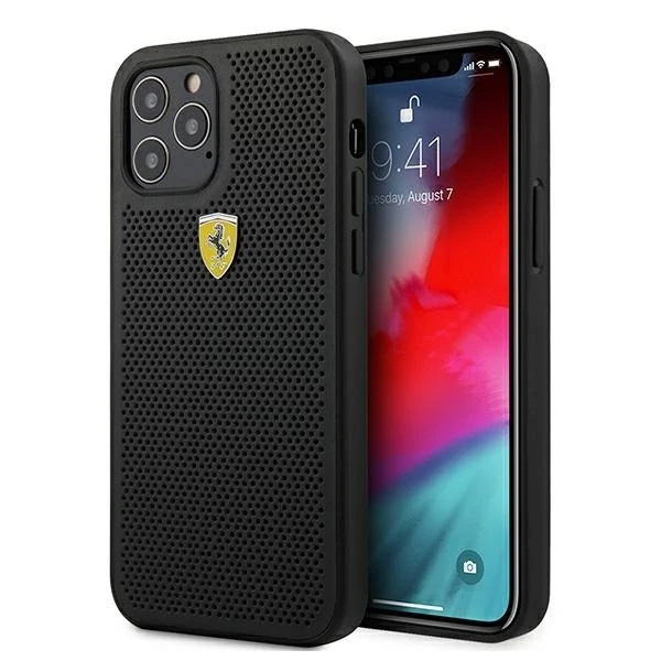 Pouzdro na telefon Ferrari iPhone 12/12 Pro 6,1" černo/černý pevný obal On Track Perforated