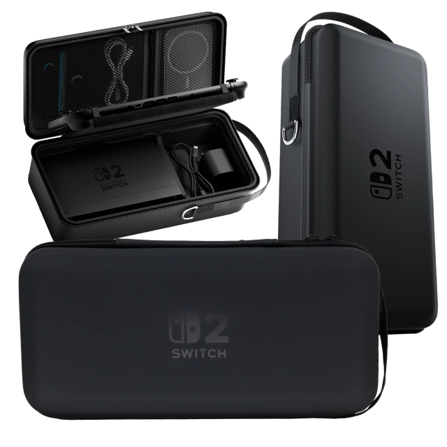 Nintendo Switch 2 2025 Case Protective Bag Large Hard EVA Case, Case, Waterproof, Lightweight, with Handles Alogy HardFoamBag™ - Black 2X TEMPERED GLASS