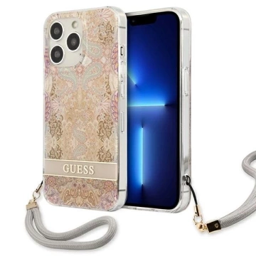 Guess GUHCP13LHFLSD iPhone 13 Pro / 13 6,1" złoty/zlaté pevné puzdro Flower Strap