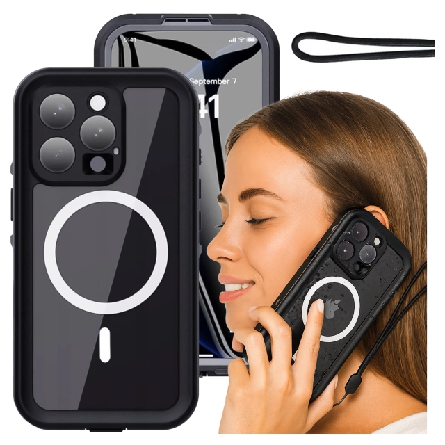 Etui Wodoodporne do Apple iPhone 15 Pro, Pancerna Obudowa 360° z Przezroczystym Tyłem, Kompatybilna z MagSafe, HydroArmor™ IP68 Case – Czarne