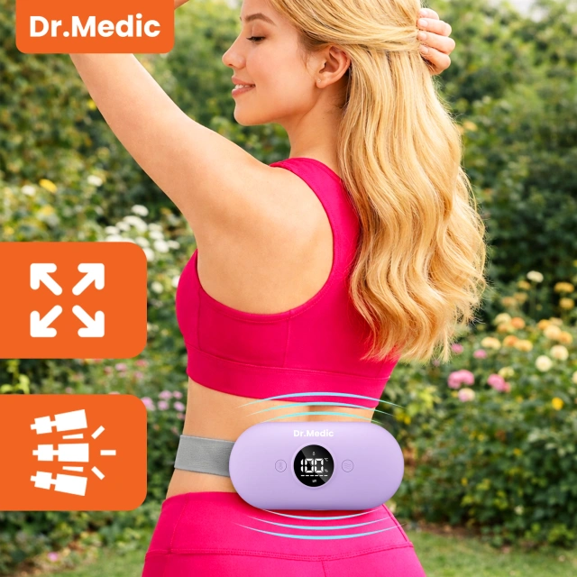 Pas Grzejący z Masażerem na okres i plecy - przeciwbólowy, ciepło + wibracje, 6 poziomów intensywności, akumulator 1800 mAh - Dr.Medic ThermoPulse™ Fioletowy