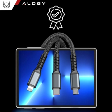 120cm Alogy 3v1 rýchlonabíjací kábel 100W USB na USB-C Micro Lightning čierny