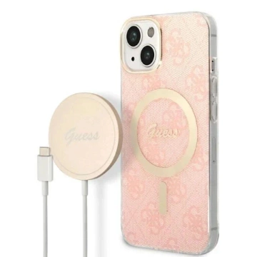 Zestaw Guess GUBPP14SH4EACSP Case  Charger iPhone 14 6,1" różowy/pink hard case 4G Print MagSafe