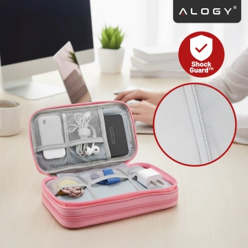 Etui Podróżne na Akcesoria, Organizer na Kable, Ładowarki, Telefon i Powerbank, Wielofunkcyjne i Kompaktowe 21 x 12,5 x 5 cm, Alogy TravelPack™ – Różowe