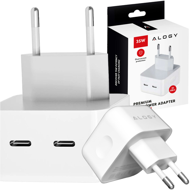Ładowarka sieciowa szybka 35W 2x USB-C USB typ C PD do iPhone Alogy 2-portowa kostka Biała