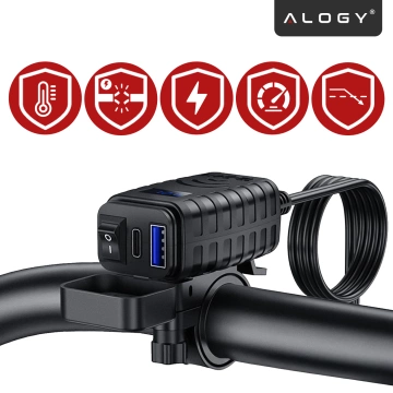 Alogy MotoCharge Pro™ Motorcycle Charger with Display, 36W PD QC 3.0 Fast Charging, USB-A and USB-C Ports, Waterproof and Rugged, Black