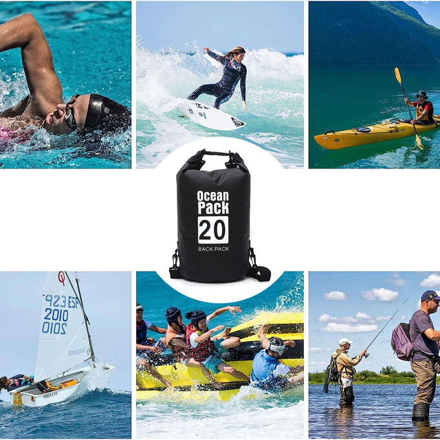 Voděodolný pytel o objemu 20 l Vodotěsný vak Kajaková plachetní taška PVC pro sporty Černá