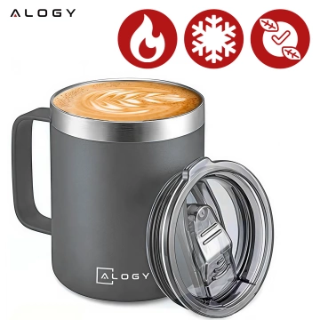 Thermobecher 420 ml mit Henkel und Deckel für Kaffee, Tee, Stahl, Kalt- und Heißgetränke Alogy Grey