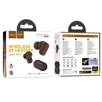 Bezdrátová Bluetooth sluchátka HOCO TWS EQ19 s nabíjecím pouzdrem, hnědá