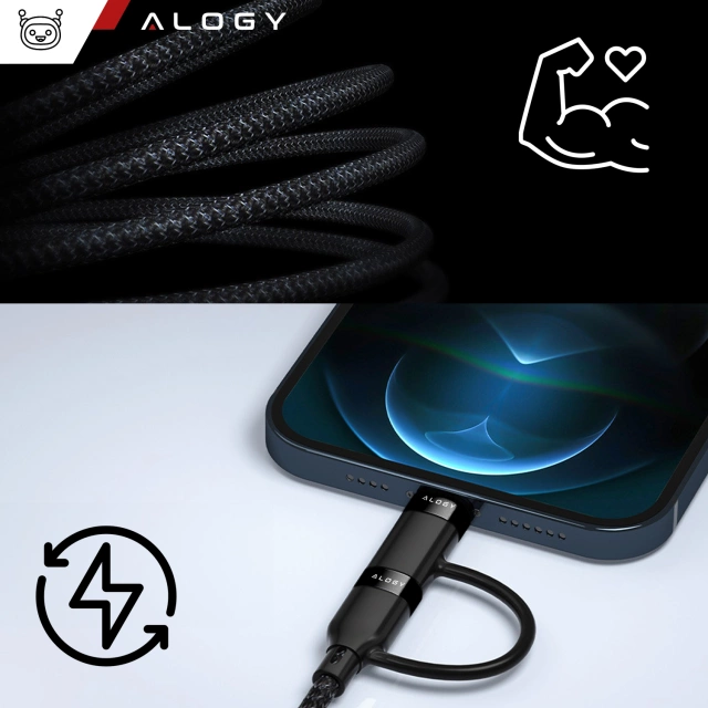 Кабель Alogy 2in1 USB-C to Lightning PowerDelivery для Apple iPhone PD 60W 100cm Black