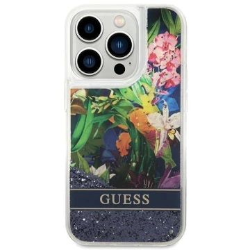 Etui Guess GUHCP14LLFLSB do Apple iPhone 14 Pro 6,1" niebieski/modré pevné puzdro Flower Liquid Glitter