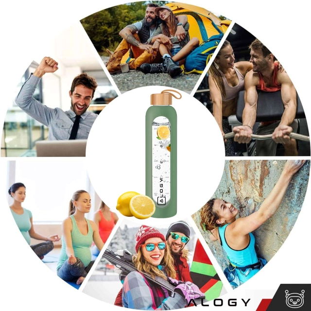 Velká skleněná láhev, láhev na pití Alogy Motivační odměrka 1l 1000ml, silikonové pouzdro Olive