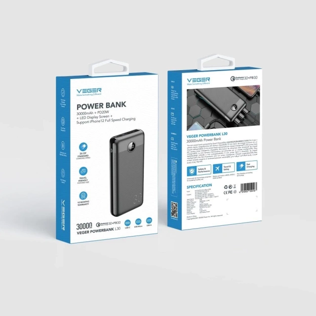 Powerbanka Externí baterie VEGER L30 - 30 000mAh LCD Quick Charge PD 20W černá (W3008PD)