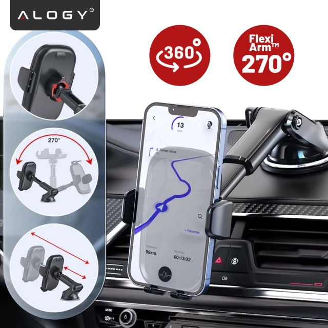 Držák telefonu do auta, okno, mřížka, kokpit, palubní deska, auto, auto, pro 7" telefon Alogy 3v1 Black Organizer