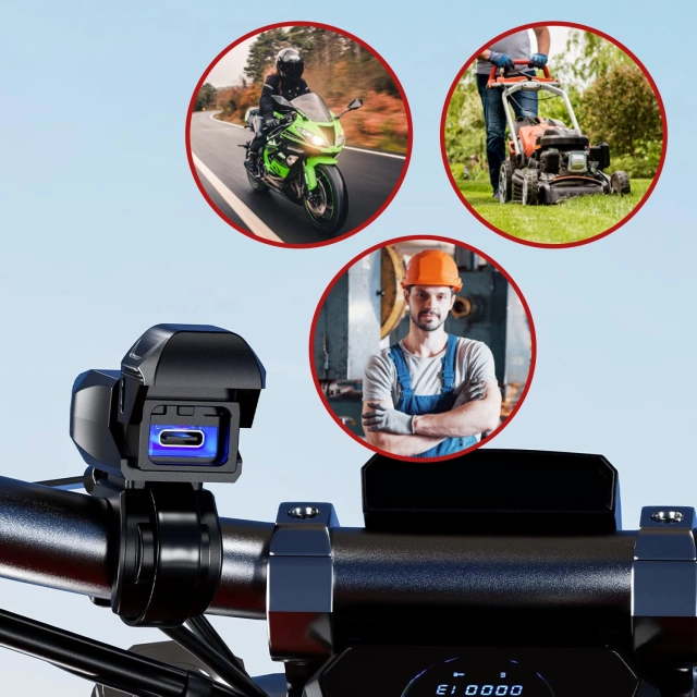 Kewig USB-C Motorradladegerät 36W, QC-Schnellladung, wasserdicht (IP65) mit Ein-/Ausschalter und LED-Hintergrundbeleuchtung, Lenkerhalterung, für Handy, Kamera und Gegensprechanlage – Schwarz