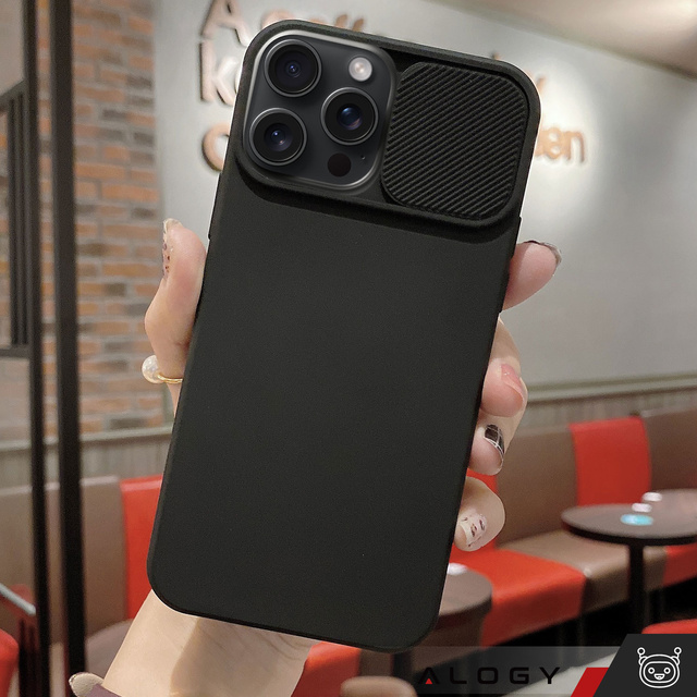 Puzdro na iPhone 15 Pro Max Slide Case s krytom objektívu, kryt fotoaparátu, matná čierna Alogy Soft Matt