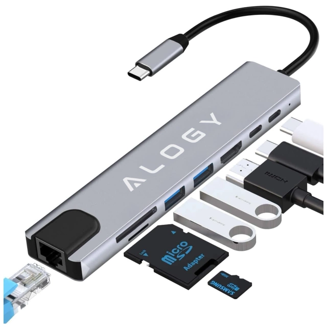 8-in-1-Hub mit USB-C auf 2xA, 2xC, HDMI, SD, Micro-LAN 100 Mbit/s – Alogy MultiHub™ für Notebooks und Laptops