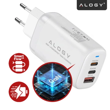 Alogy GaNCharge Compact 3in1 настінний зарядний пристрій швидкої зарядки GaN3 65W USB-A 30W 2x USB-C 65W Білий