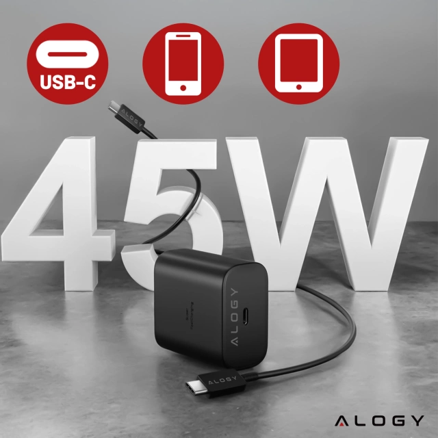 Ładowarka sieciowa USB-C typ C PD Premium szybka 45W 3A + Kabel Type-C 1M Alogy czarna