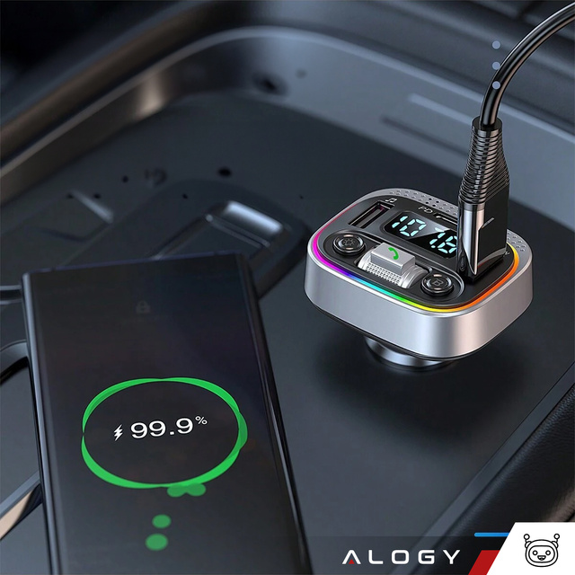 Bluetooth FM MP3 Car Transmitter Fast Charger 2 x USB QC 3.0 USB-C C PD 20W LED RGB Alogy Car silver