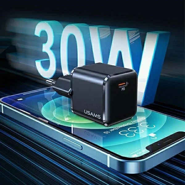 Настінний зарядний пристрій USAMS 1x USB-C T45 30W PD3.0 Кабель для швидкого заряджання U63 USB-C/Lightning black/black UXTZH01 (USAMS-UX)