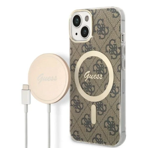 Zestaw Guess GUBPP14MH4EACSW Case  Charger iPhone 14 Plus 6,7" brązowy/brown hard case 4G Print MagSafe
