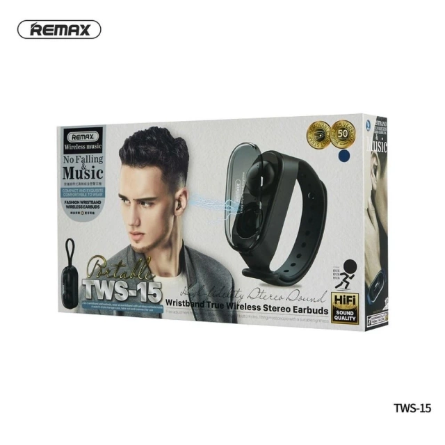 Бездротові Bluetooth-навушники REMAX TWS-15 з док-станцією у смарт-браслеті
