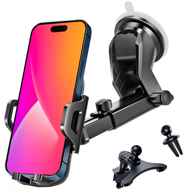 Uchwyt samochodowy do telefonu do auta 3w1 Alogy na szybę do kratki na deskę rozdzielczą kokpit Czarny + Kabel USB-C 2.4A 1m