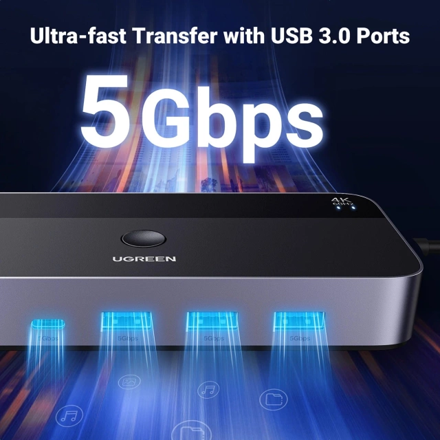 Przełącznik KVM Ugreen CM664 HDMI 4K 60Hz USB-C Pilot 2w1 5Gb/s Czarny