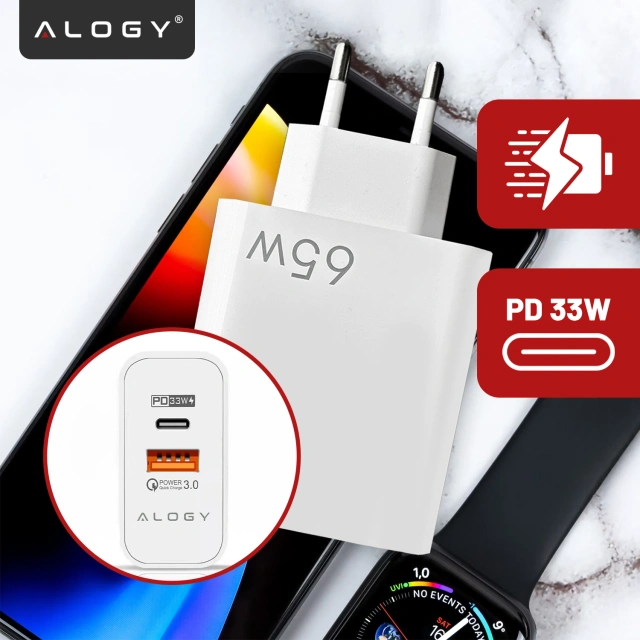 Fast USB-A QC 3.0 Quick Charge USB-C PD 33W 65W wall charger Alogy White