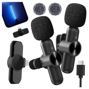 Bezdrátový mikrofon 2x sada - Lightning pro iPhone, potlačení hluku, lehká konstrukce, dosah až 20 metrů - 2x klopový mikrofon s kožešinovým krytem, ​​sluchátko na telefon - Alogy DualVoice™ černá