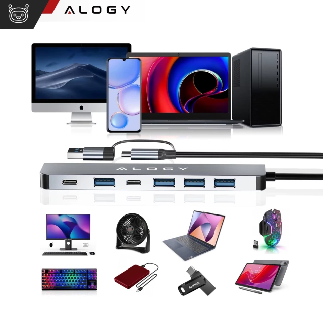 Adapter HUB 7w1 Alogy przejściówka USB-C / USB do USB 3.0 4x USB 2.0 2x USB-C 2.0